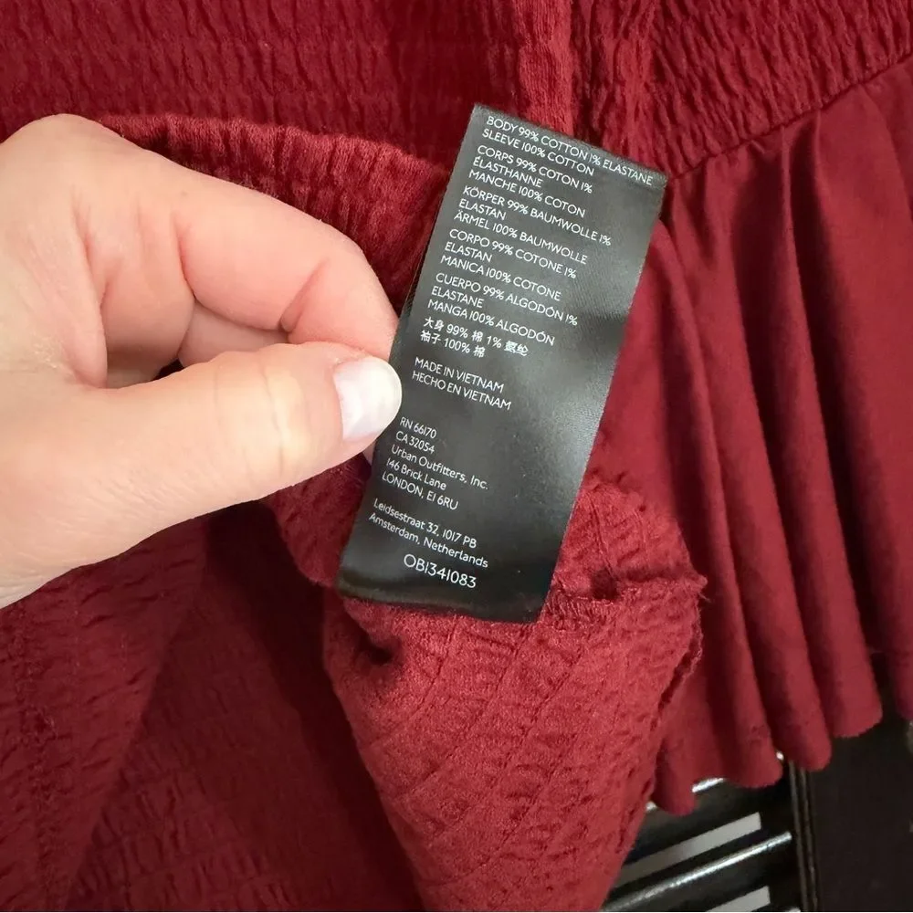 Anthropologie Rust Red Smocked Ruffle Bell Sleeve Top Size M Cotton Stretch